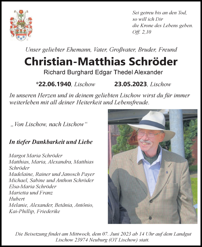  Traueranzeige für Christian-Matthias Schröder vom 27.05.2023 aus Ostsee-Zeitung GmbH
