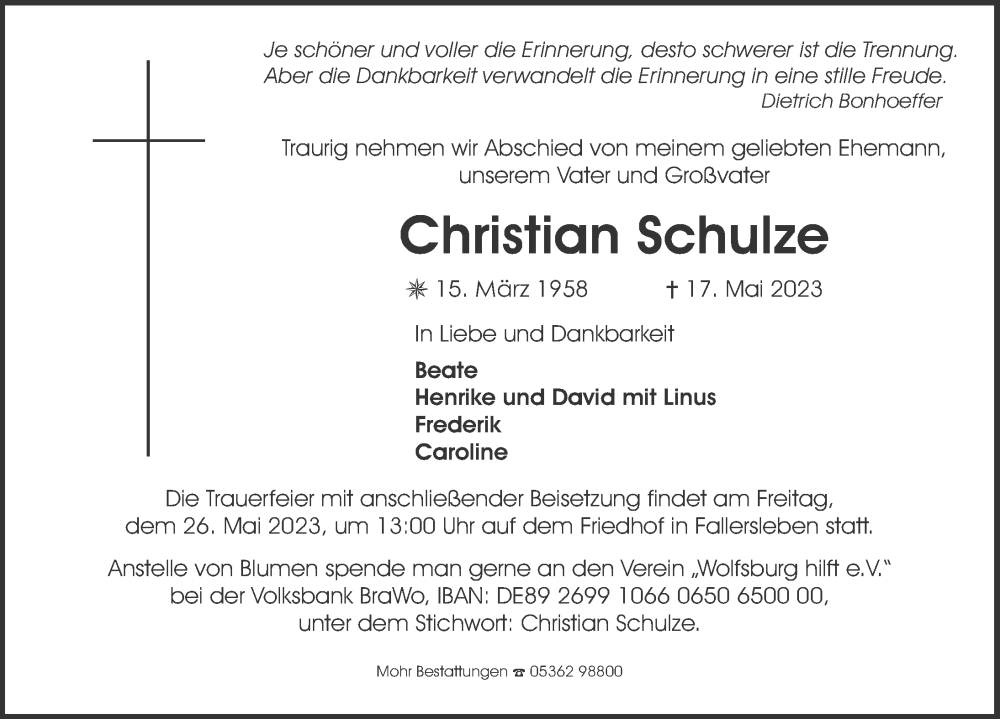  Traueranzeige für Christian Schulze vom 23.05.2023 aus Aller Zeitung