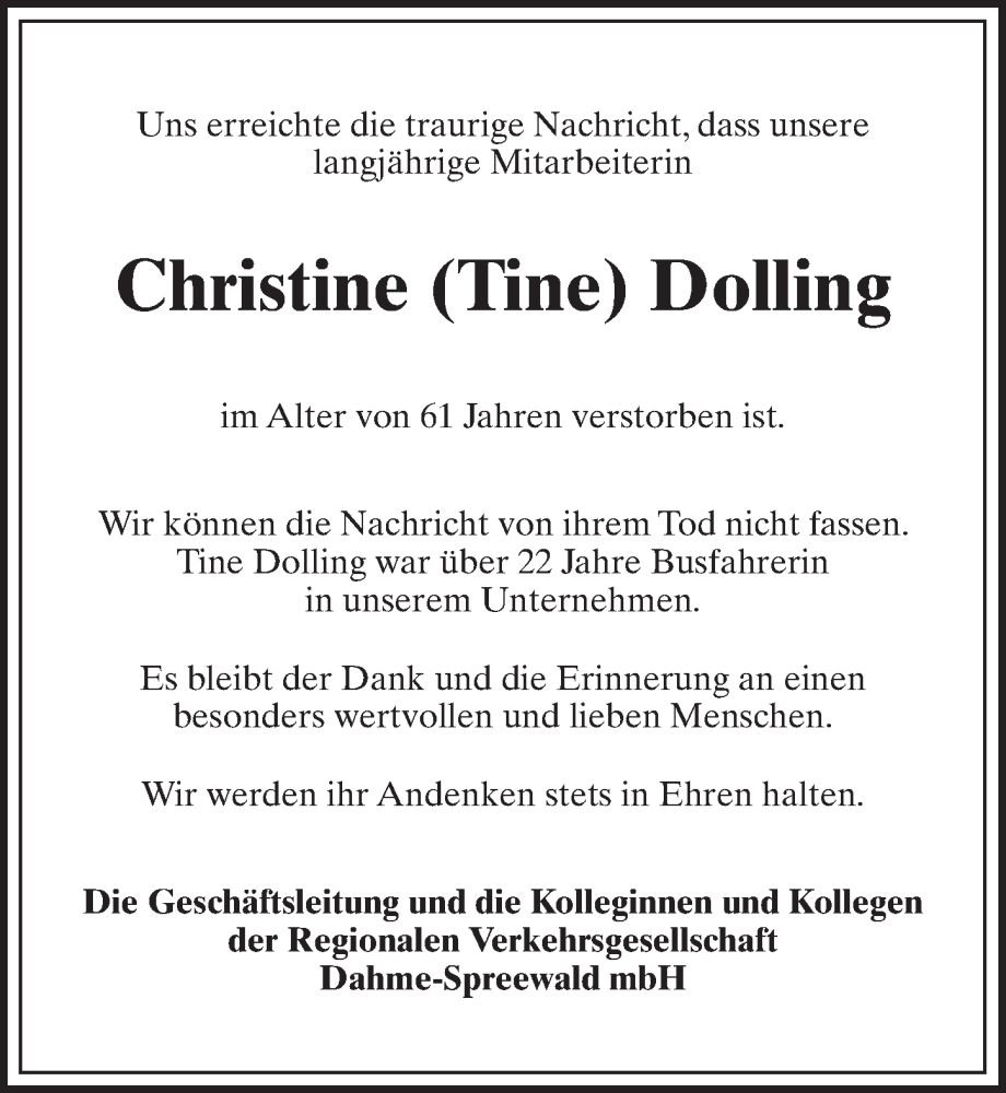  Traueranzeige für Christine Dolling vom 06.05.2023 aus Märkischen Allgemeine Zeitung
