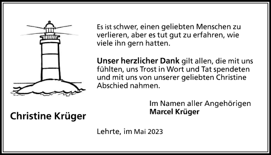 Traueranzeige von Christine Krüger von Hannoversche Allgemeine Zeitung/Neue Presse