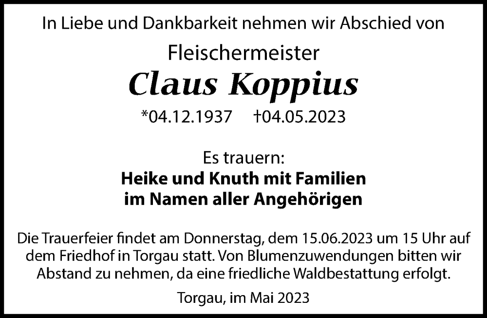 Traueranzeige für Claus Koppius vom 20.05.2023 aus Torgauer Zeitung