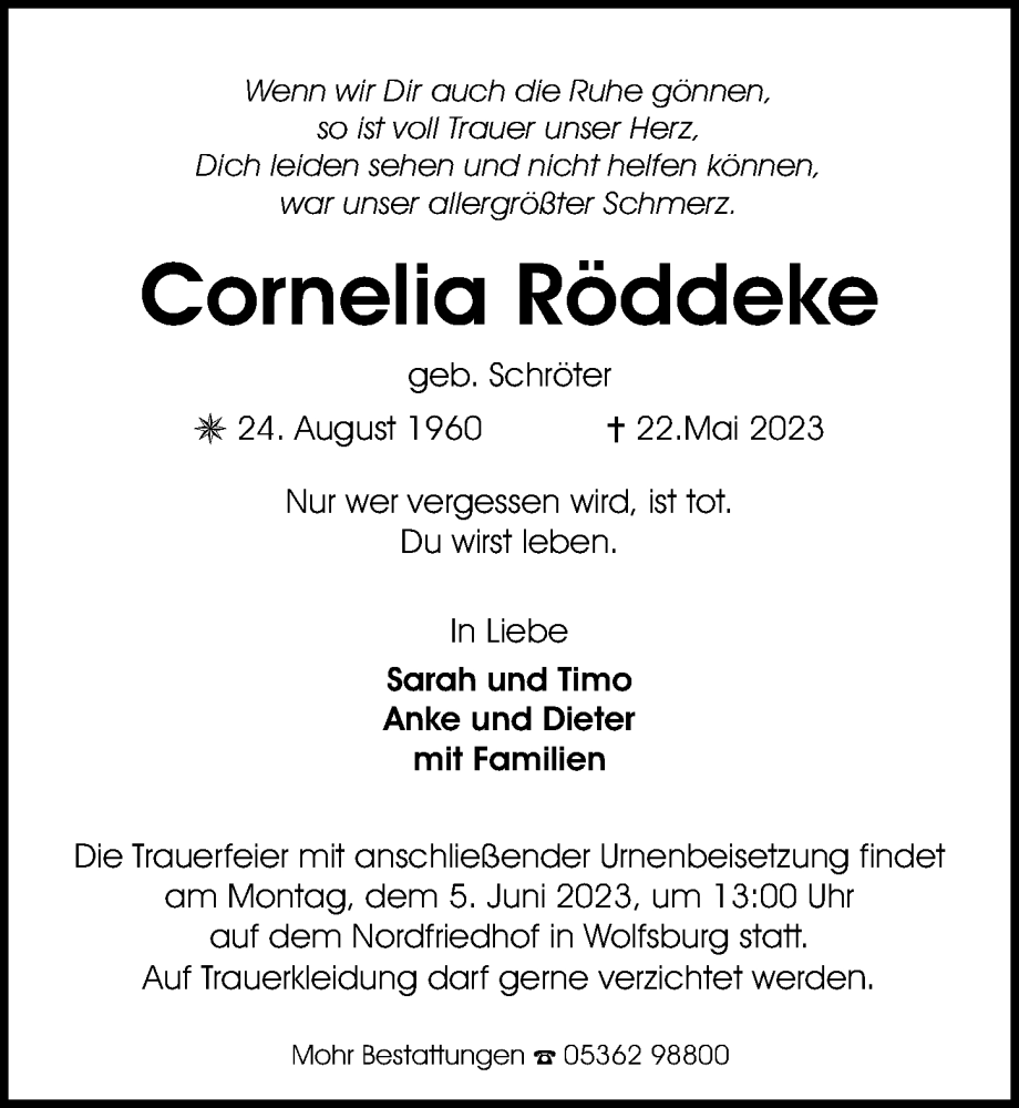  Traueranzeige für Cornelia Röddeke vom 27.05.2023 aus Aller Zeitung