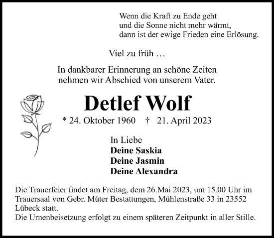 Traueranzeige von Detlef Wolf von Lübecker Nachrichten