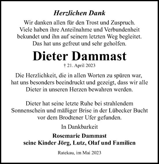 Traueranzeige von Dieter Dammast von Lübecker Nachrichten