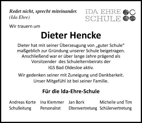 Traueranzeige von Dieter Hencke von Lübecker Nachrichten