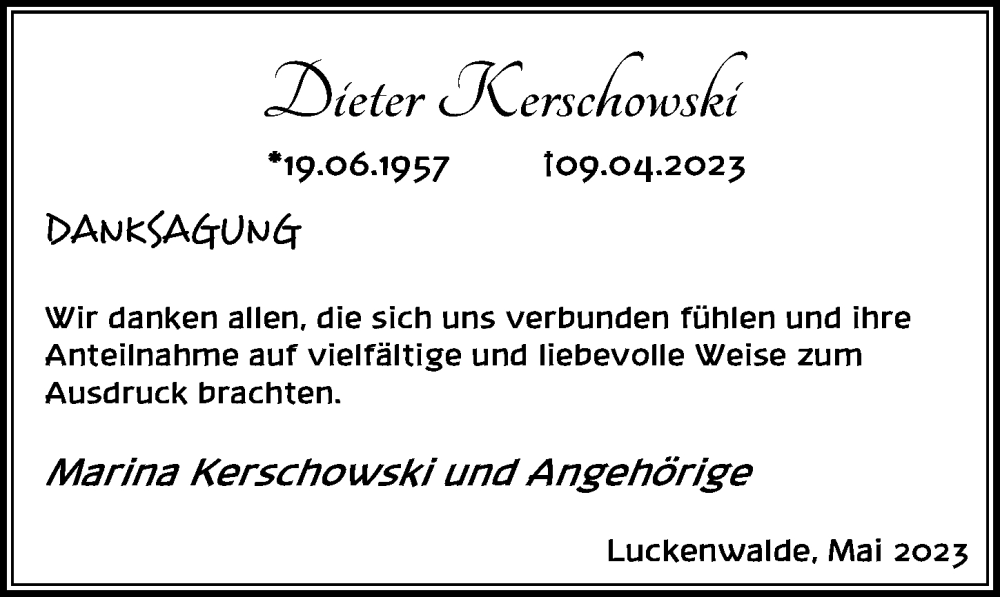  Traueranzeige für Dieter Kerschowski vom 26.05.2023 aus Märkischen Allgemeine Zeitung
