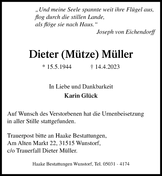 Traueranzeige von Dieter Müller von Hannoversche Allgemeine Zeitung/Neue Presse