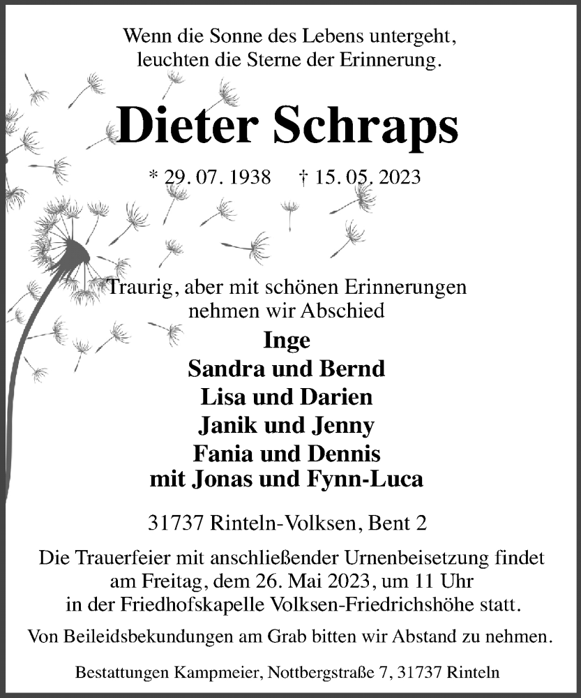  Traueranzeige für Dieter Schraps vom 20.05.2023 aus Schaumburger Nachrichten