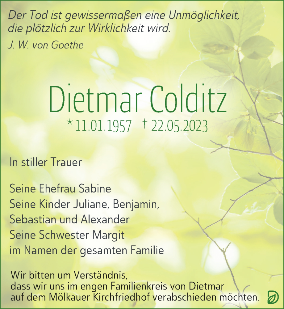  Traueranzeige für Dietmar Colditz vom 27.05.2023 aus Leipziger Volkszeitung