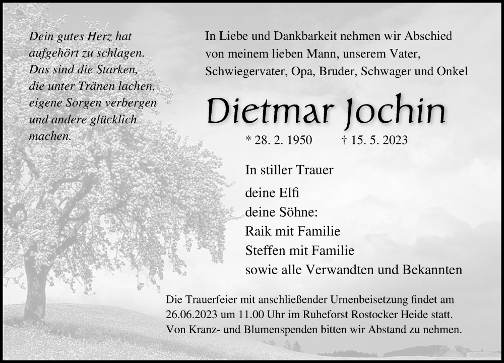  Traueranzeige für Dietmar Jochin vom 27.05.2023 aus Ostsee-Zeitung GmbH