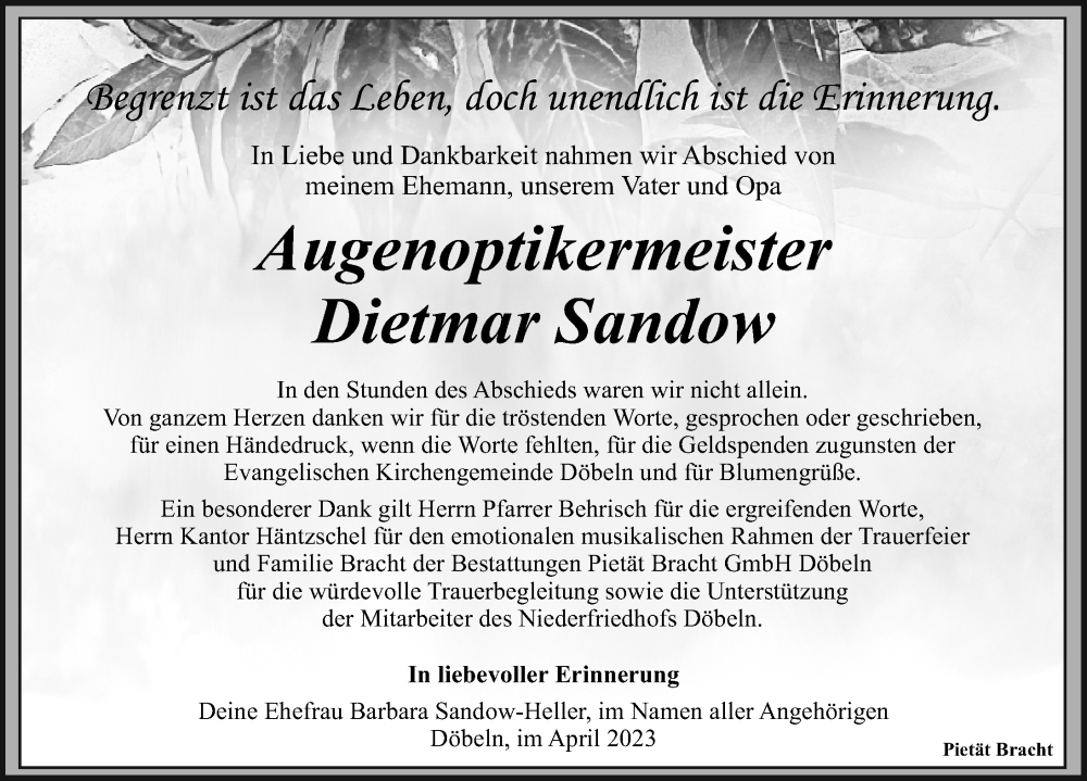  Traueranzeige für Dietmar Sandow vom 13.05.2023 aus Leipziger Volkszeitung