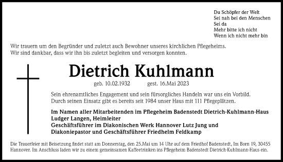 Traueranzeige von Dietrich Kuhlmann von Hannoversche Allgemeine Zeitung/Neue Presse