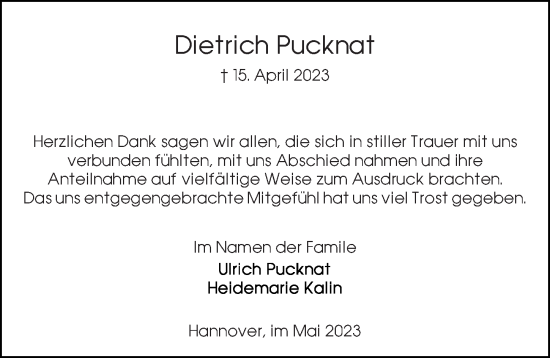 Traueranzeige von Dietrich Pucknat von Hannoversche Allgemeine Zeitung/Neue Presse