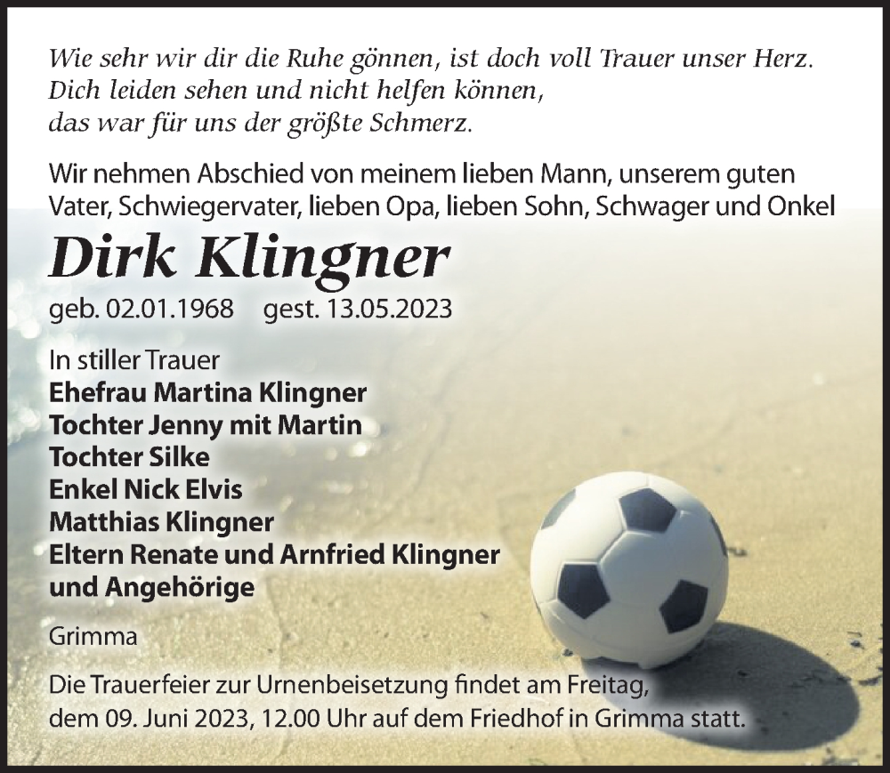  Traueranzeige für Dirk Klingner vom 20.05.2023 aus Leipziger Volkszeitung