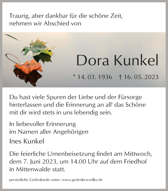 Traueranzeige von Dora Kunkel von Märkischen Allgemeine Zeitung