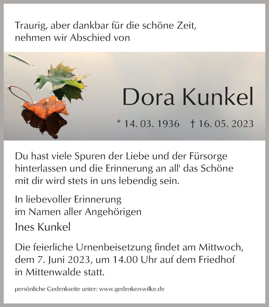  Traueranzeige für Dora Kunkel vom 27.05.2023 aus Märkischen Allgemeine Zeitung