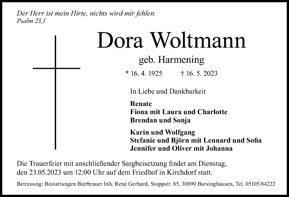  Traueranzeige für Dora Woltmann vom 20.05.2023 aus Hannoversche Allgemeine Zeitung/Neue Presse
