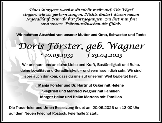 Traueranzeige von Doris Förster von Lübecker Nachrichten