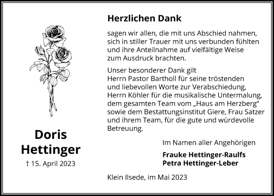 Traueranzeige von Doris Hettinger von Peiner Allgemeine Zeitung