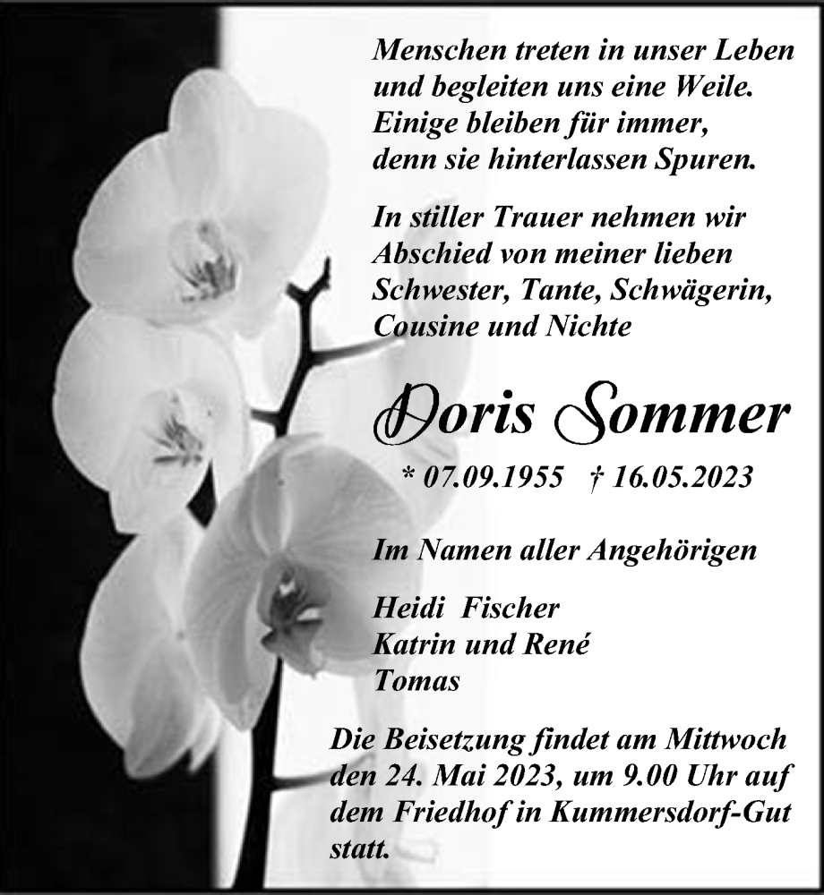  Traueranzeige für Doris Sommer vom 22.05.2023 aus Märkischen Allgemeine Zeitung