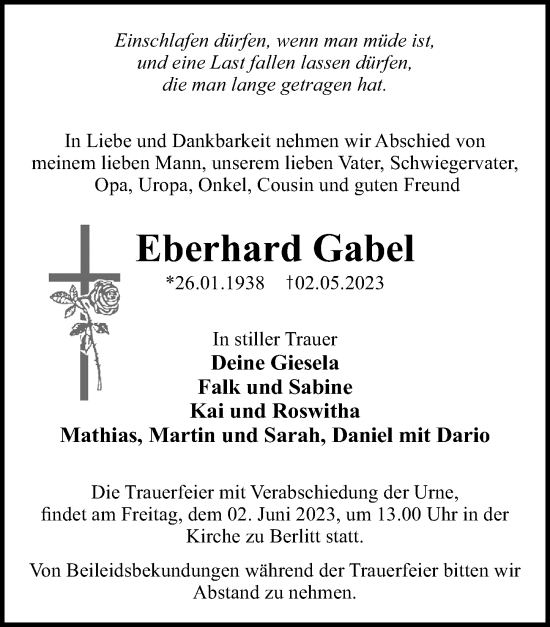 Traueranzeige von Eberhard Gabel von Märkischen Allgemeine Zeitung