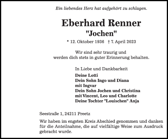 Traueranzeige von Eberhard Renner von Kieler Nachrichten