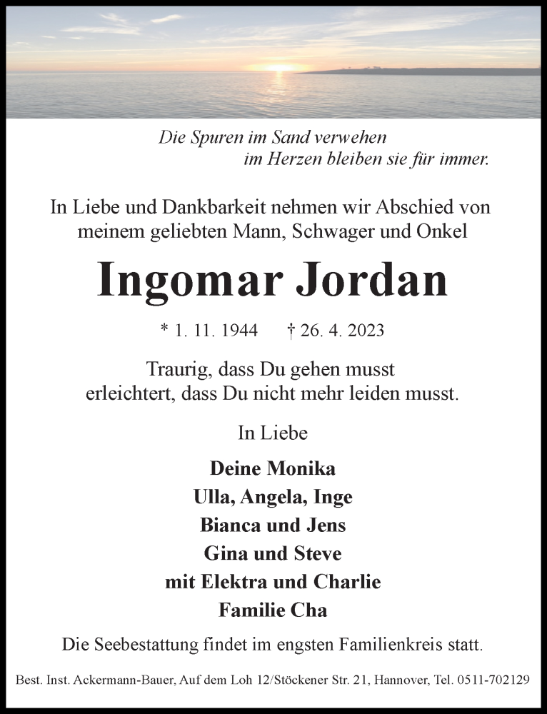  Traueranzeige für Ingomar Jordan vom 06.05.2023 aus Hannoversche Allgemeine Zeitung/Neue Presse