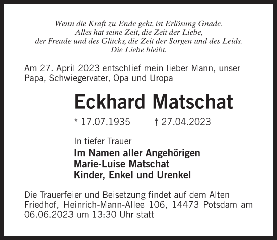 Traueranzeige von Eckhard Matschat von Märkischen Allgemeine Zeitung