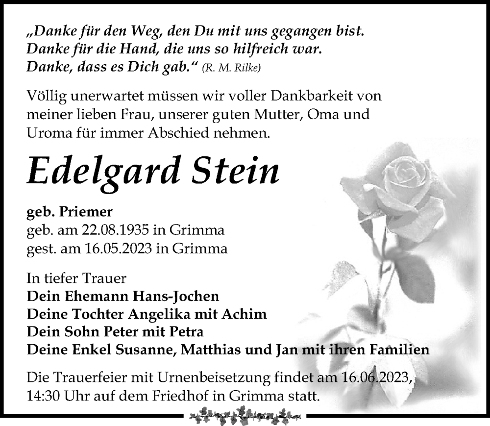  Traueranzeige für Edelgard Stein vom 27.05.2023 aus Leipziger Volkszeitung