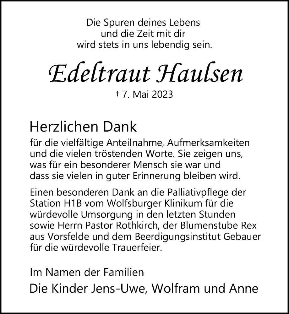  Traueranzeige für Edeltraut Haulsen vom 26.05.2023 aus Aller Zeitung