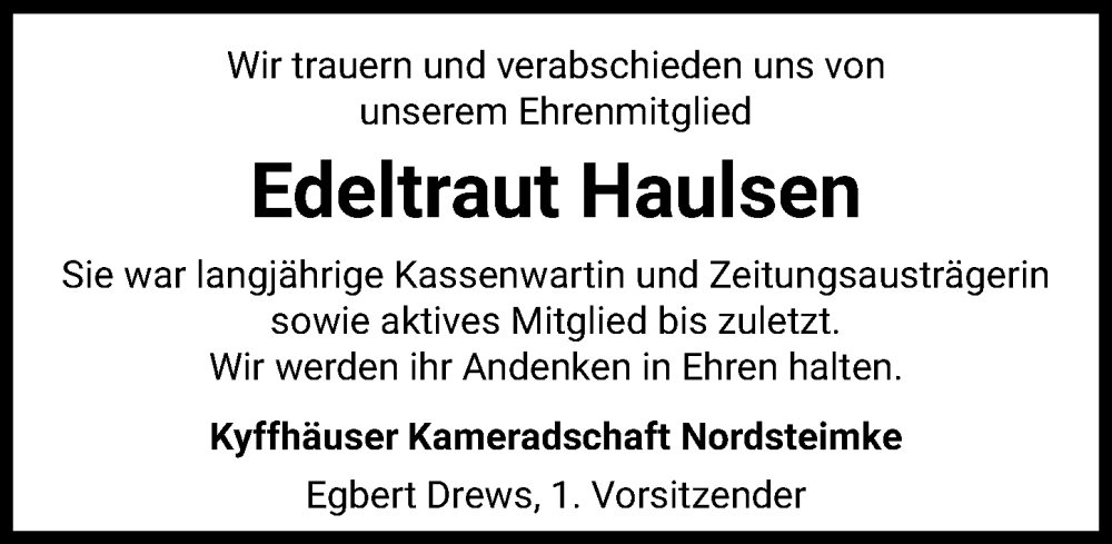  Traueranzeige für Edeltraut Haulsen vom 15.05.2023 aus Aller Zeitung