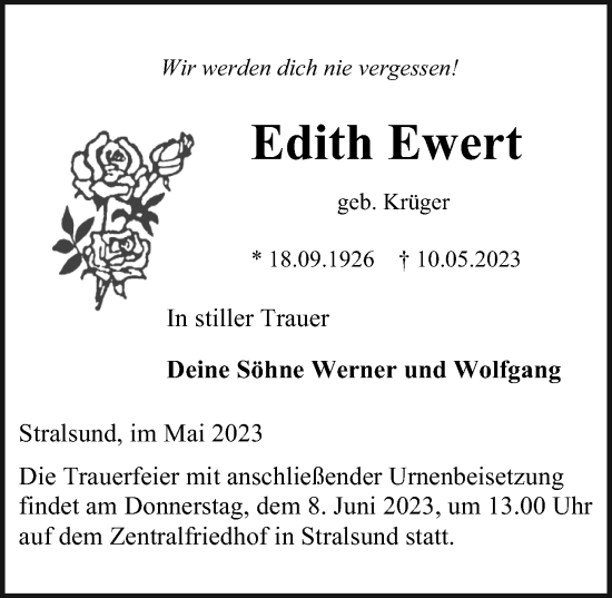 Traueranzeige von Edith Ewert von Ostsee-Zeitung GmbH
