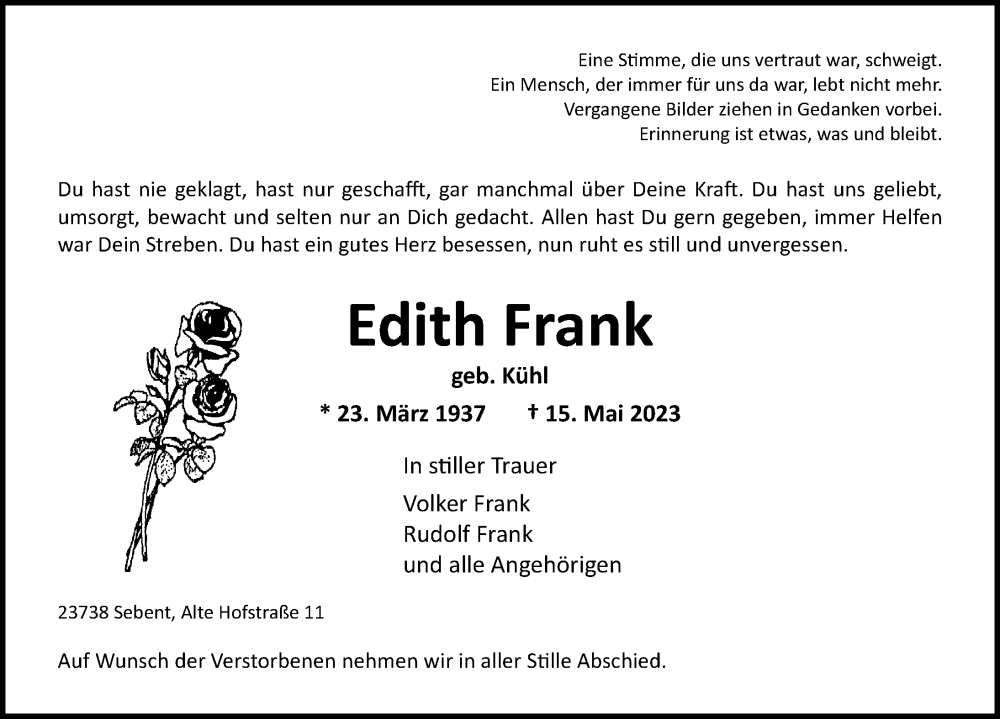  Traueranzeige für Edith Frank vom 24.05.2023 aus Lübecker Nachrichten