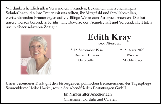 Traueranzeige von Edith Kray von Ostsee-Zeitung GmbH