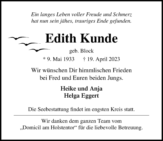 Traueranzeige von Edith Kunde von Lübecker Nachrichten