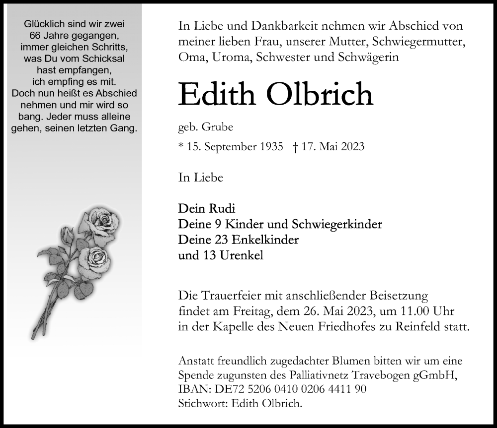  Traueranzeige für Edith Olbrich vom 23.05.2023 aus Lübecker Nachrichten