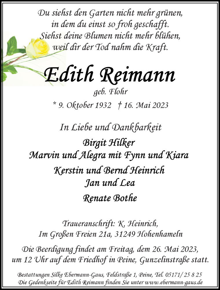  Traueranzeige für Edith Reimann vom 20.05.2023 aus Peiner Allgemeine Zeitung