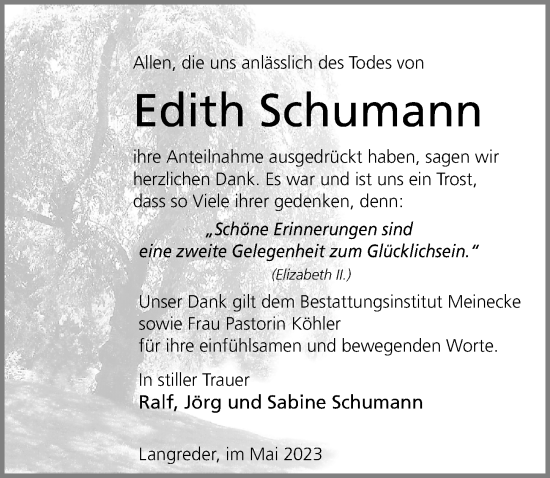 Traueranzeige von Edith Schumann von Hannoversche Allgemeine Zeitung/Neue Presse