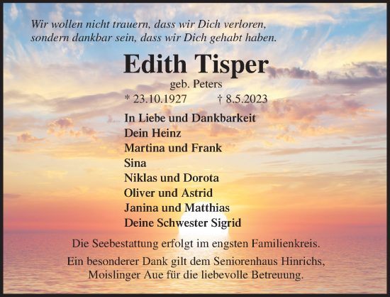Traueranzeige von Edith Tisper von Lübecker Nachrichten