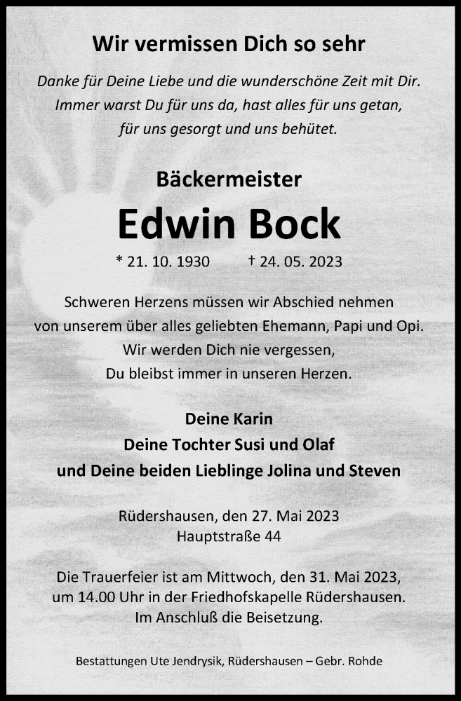  Traueranzeige für Edwin Bock vom 27.05.2023 aus Eichsfelder Tageblatt