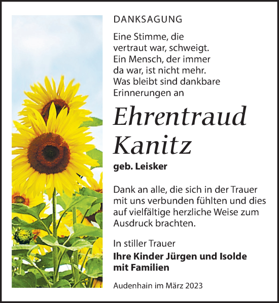 Traueranzeige von Ehrentraud Kanitz von Torgauer Zeitung