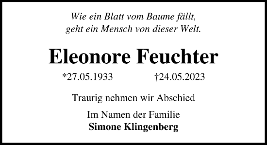 Traueranzeige von Eleonore Feuchter von Ostsee-Zeitung GmbH