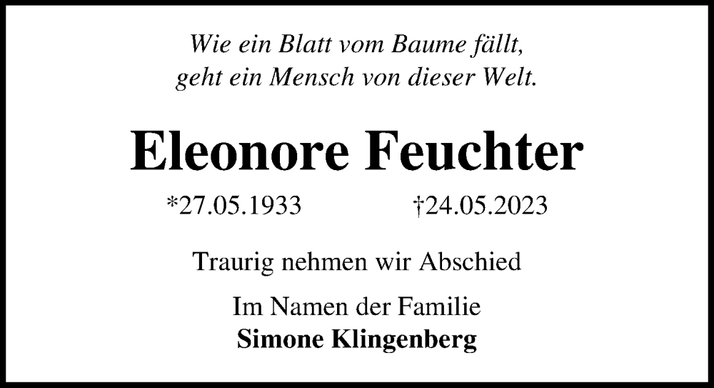  Traueranzeige für Eleonore Feuchter vom 27.05.2023 aus Ostsee-Zeitung GmbH