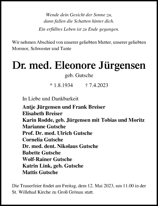 Traueranzeige von Eleonore Jürgensen von Lübecker Nachrichten