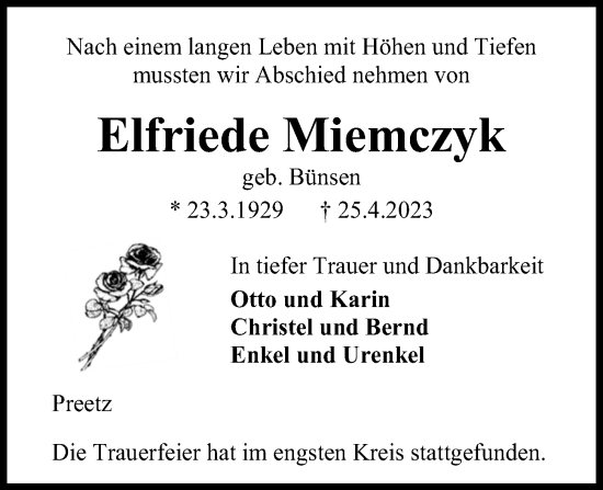 Traueranzeige von Elfriede Miemczyk von Kieler Nachrichten