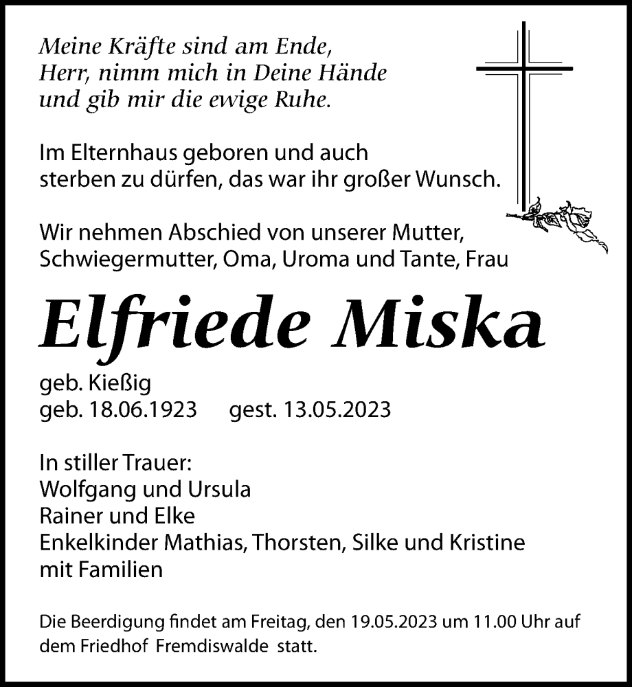  Traueranzeige für Elfriede Miska vom 17.05.2023 aus Leipziger Volkszeitung