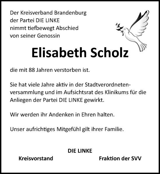 Traueranzeige von Elisabeth Scholz von Märkischen Allgemeine Zeitung