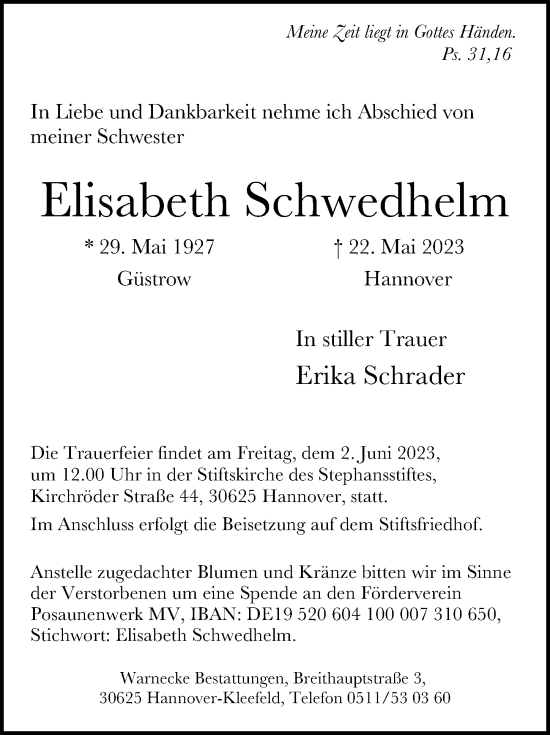 Traueranzeige von Elisabeth Schwedhelm von Hannoversche Allgemeine Zeitung/Neue Presse