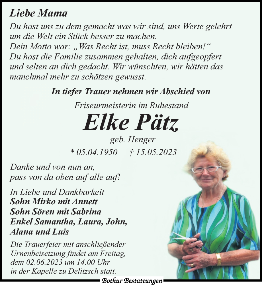  Traueranzeige für Elke Pätz vom 20.05.2023 aus Leipziger Volkszeitung