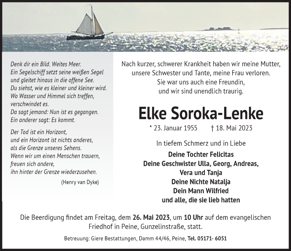 Traueranzeige für Elke Soroka-Lenke vom 24.05.2023 aus Peiner Allgemeine Zeitung